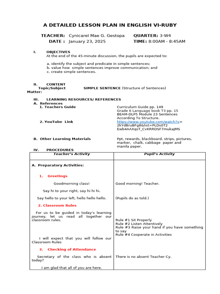 Grade 6 Simple Sentence Lesson Plan | PDF | Subject (Grammar ...