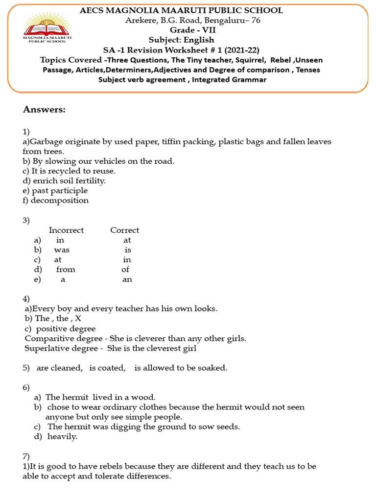 VII English SA - 1 RWS # 1 Answers | PDF