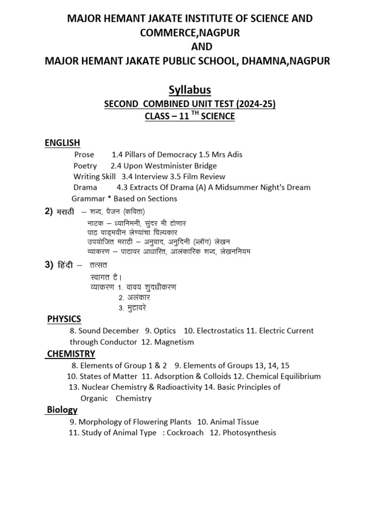 Syllabus 11th Science (2nd Unit Test) (24-25) | PDF