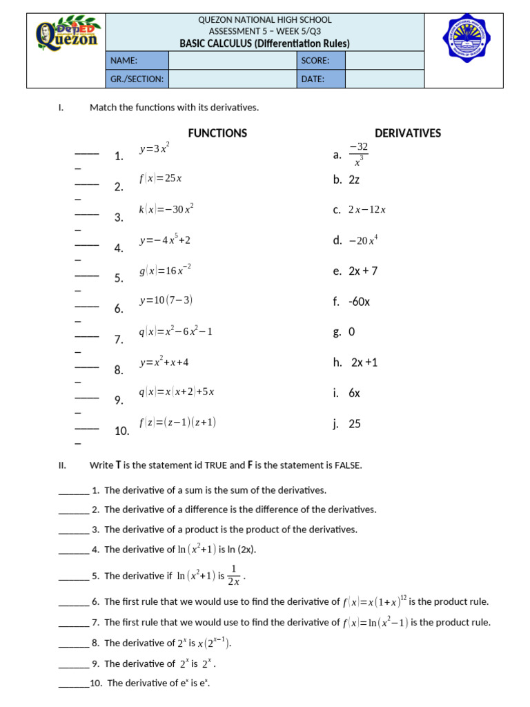 Basic Calculus Differentiation Quiz | PDF | Derivative | Real Analysis