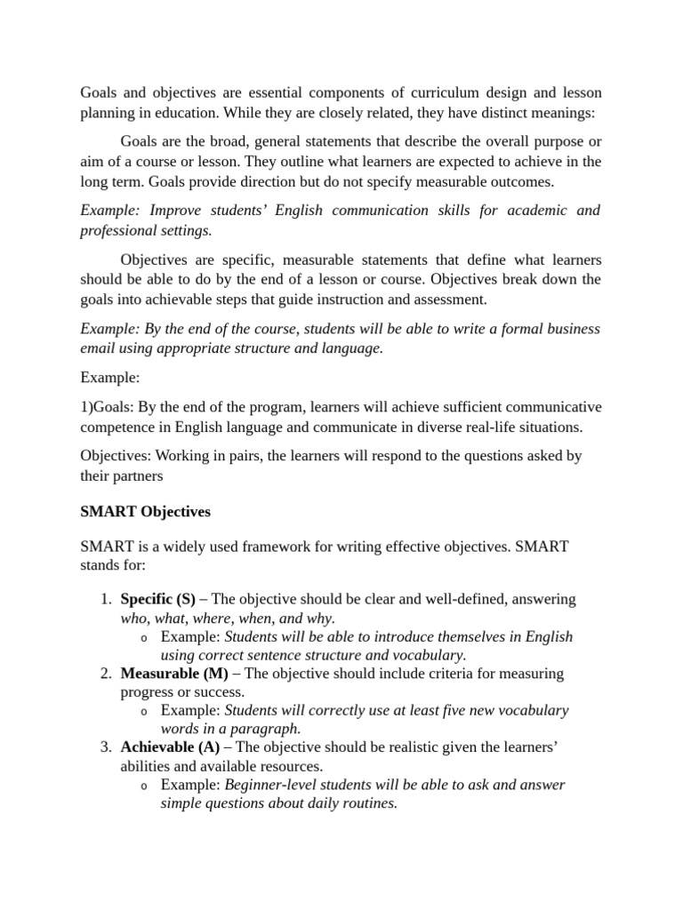 Goals and objectives | PDF | Goal | Educational Assessment