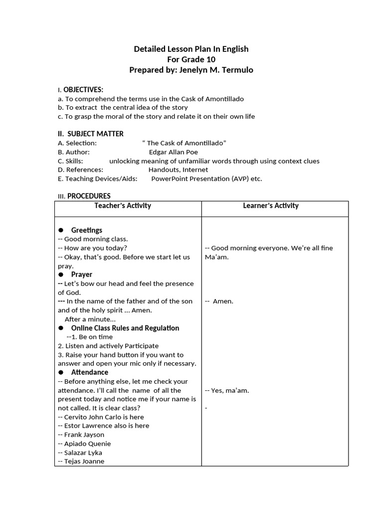 Detailed Lesson Plan in English | PDF | Vocabulary