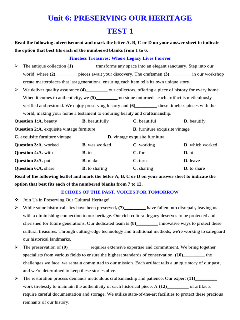 Unit 6 Test 1 Grade 11 | PDF | Cultural Heritage | Artifact (Archaeology)