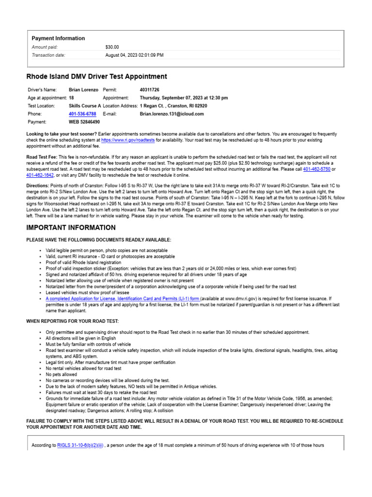 DMV Road Test Scheduler | PDF | Fee | Identity Document