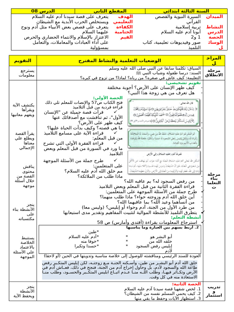 مذكرات السنة 3 ابتدائي في التربية الاسلامية المقطع 02 درس 08 أبونا آدم ...