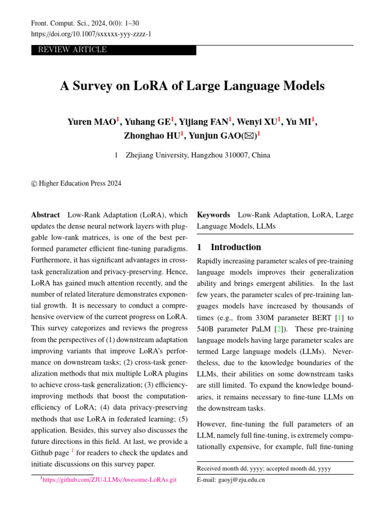 Survey on LoRA for Large Language Models | PDF | Matrix (Mathematics ...