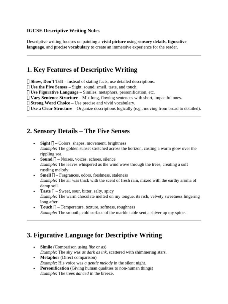 IGCSE Descriptive Writing Notes | PDF | Senses | Taste