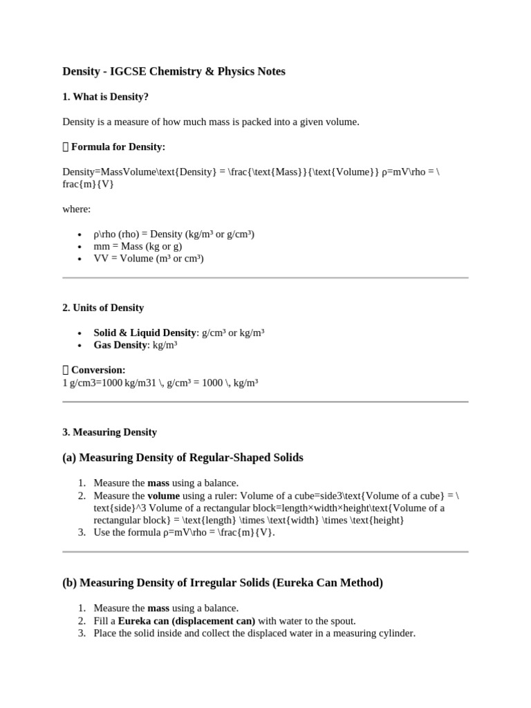 IGCSE Density Concepts and Calculations | PDF