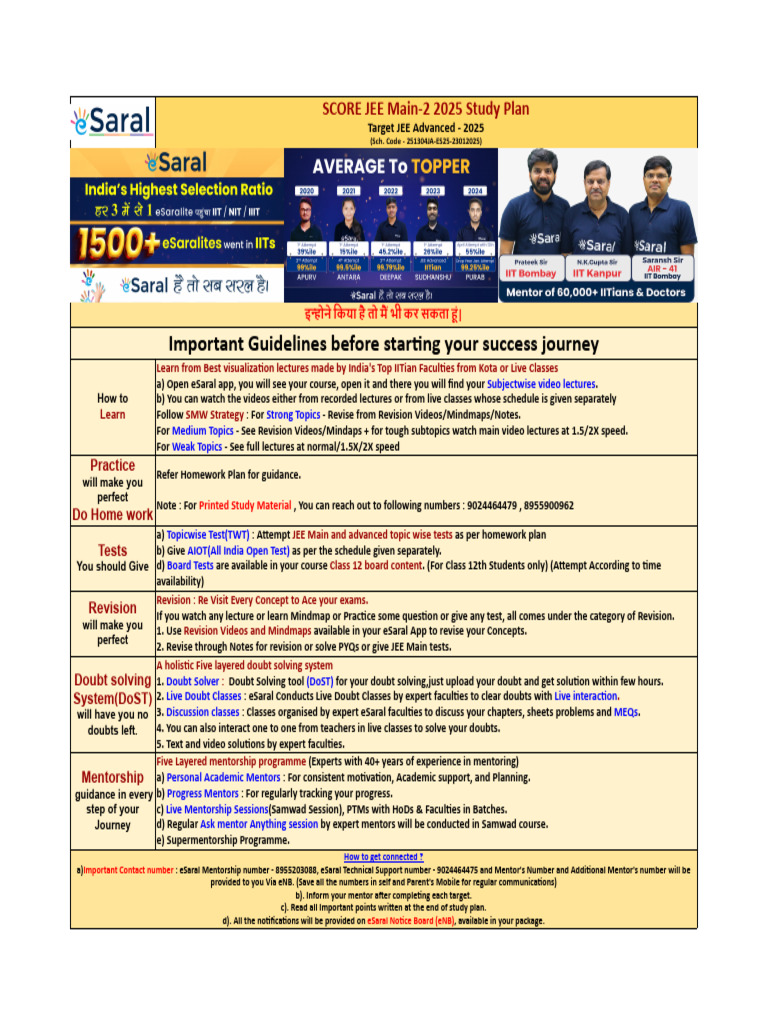 JEE Main-2 2025 Comprehensive Study Plan | PDF | Chemistry | Physics