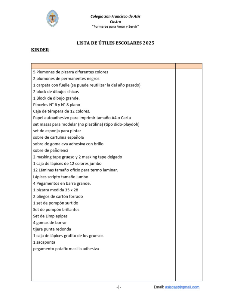 Lista de Útiles Escolares Kinder 2025 | PDF