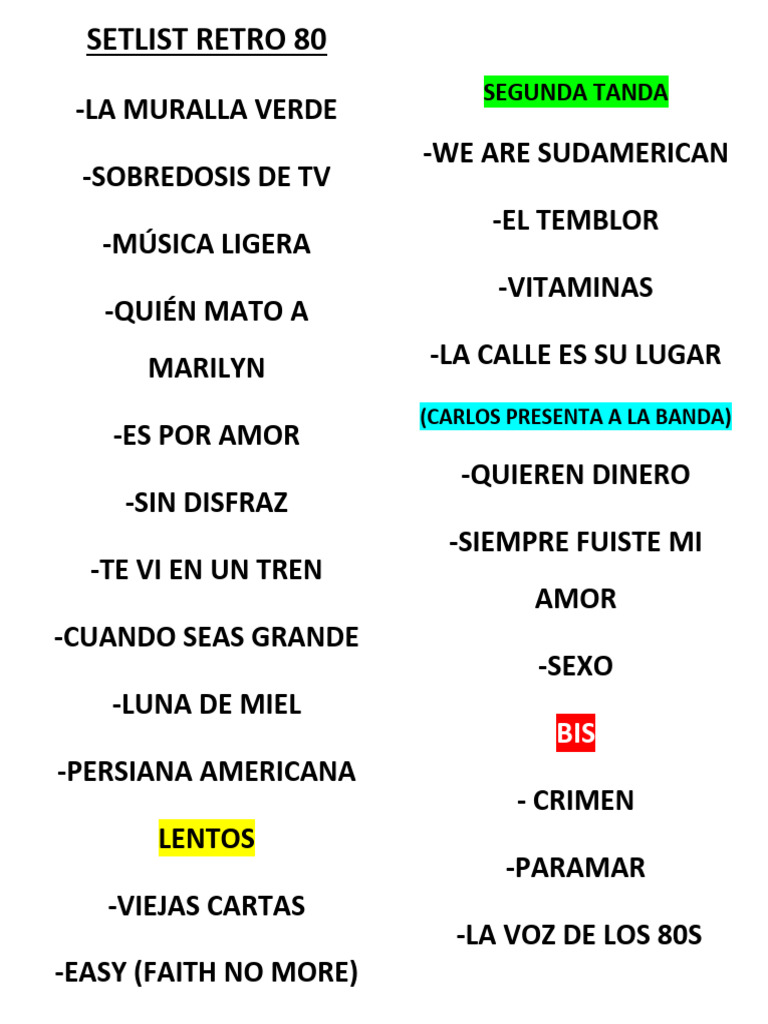 Setlist 31oct Retro80 | PDF