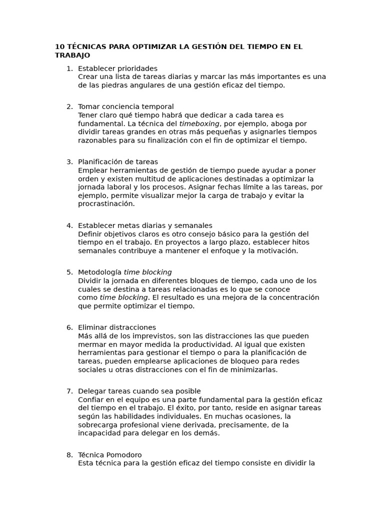 Técnicas para Optimizar el Tiempo Laboral | PDF | Gestión del tiempo ...