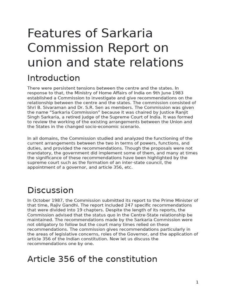 Sarkaria Commission on Centre-State Relations | PDF | Governor ...