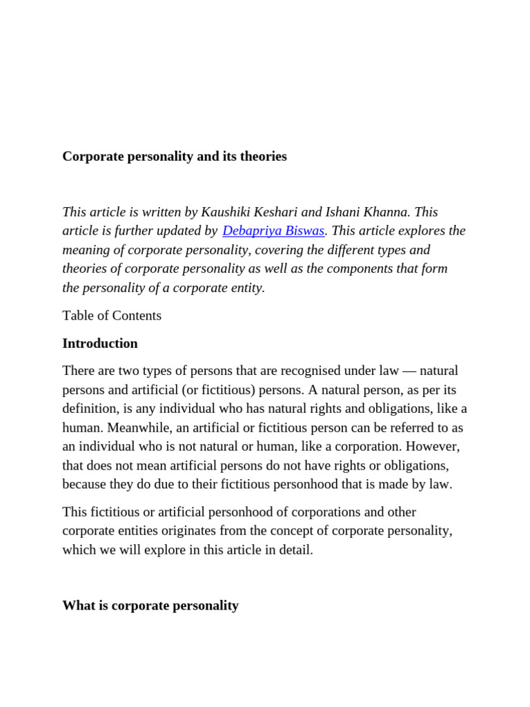 Understanding Corporate Personality Theories | PDF | Limited Liability ...