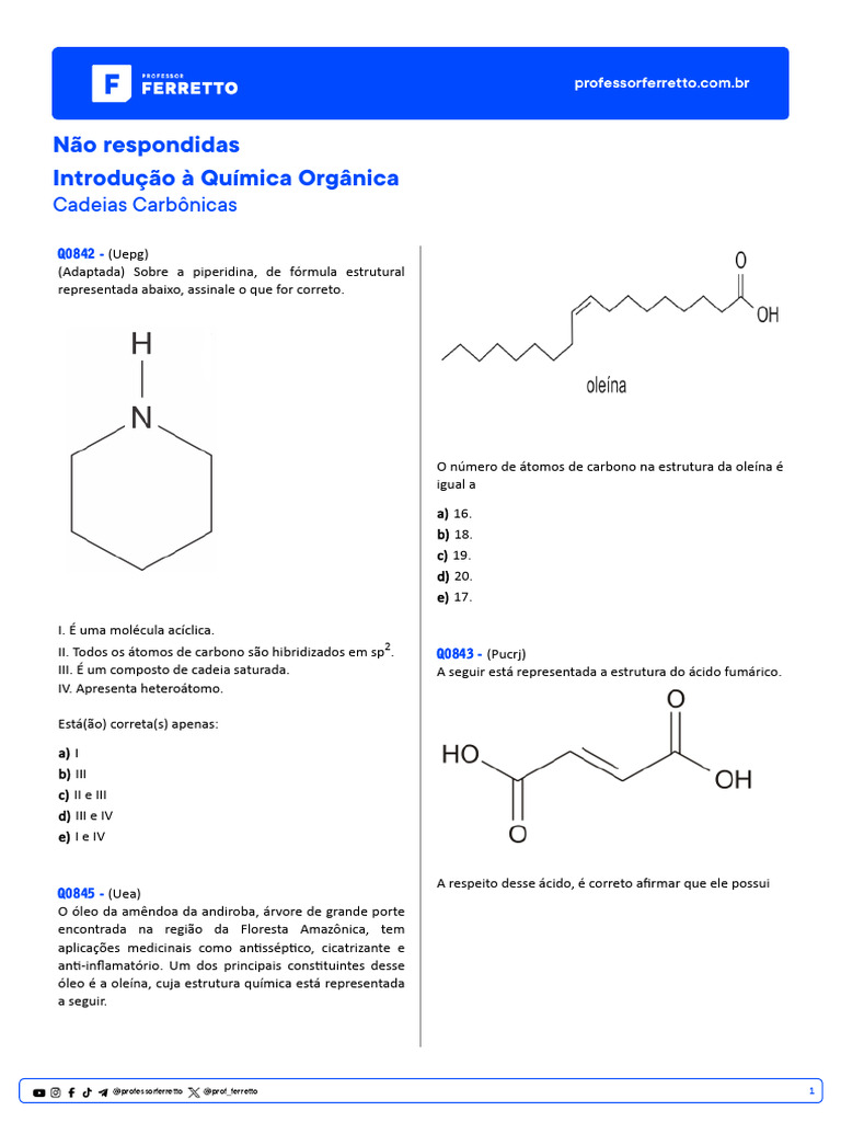 Questões sobre Química Orgânica e Estruturas | PDF | Benzeno | Carbono