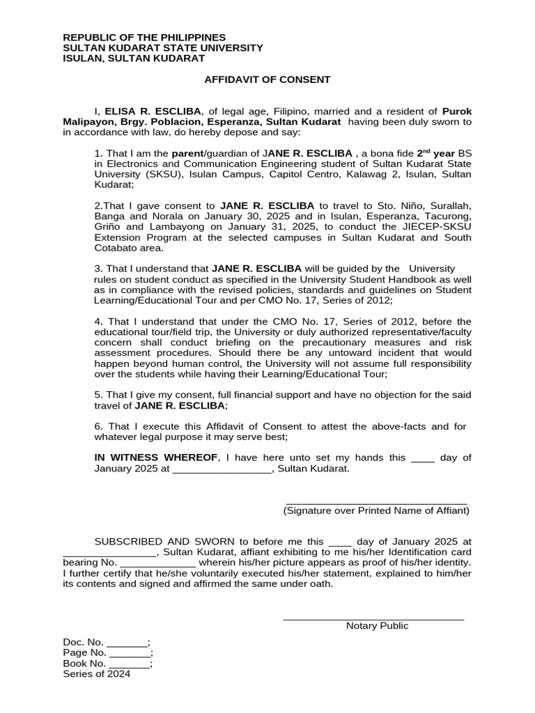 Affidavit of Consent for Student Travel | PDF | Affidavit | Justice