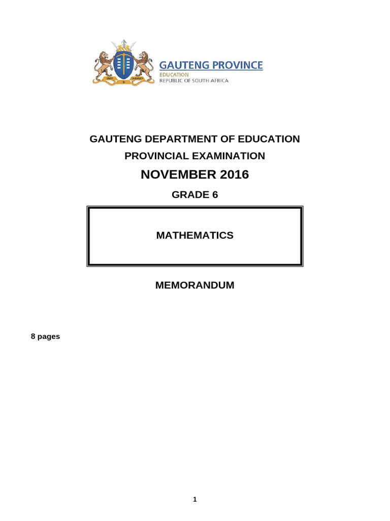(ENG) GR 6 Maths Memo - 2016 Provincial Exam - Final Draft | PDF ...