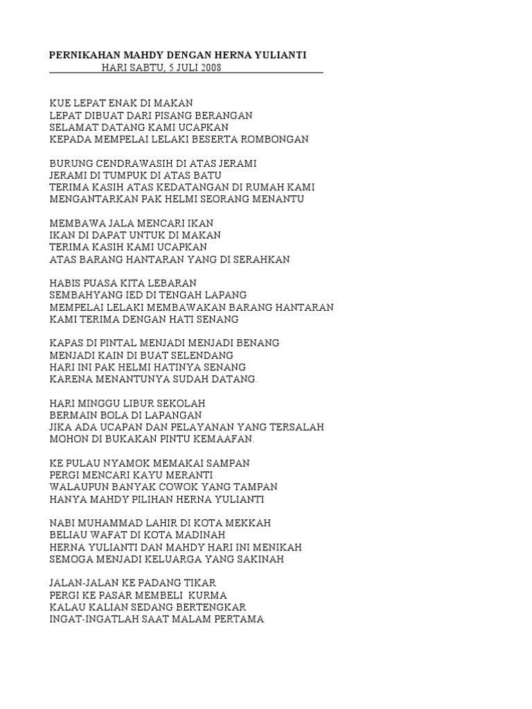 Pantun Sambutan Mempelai Perempuan