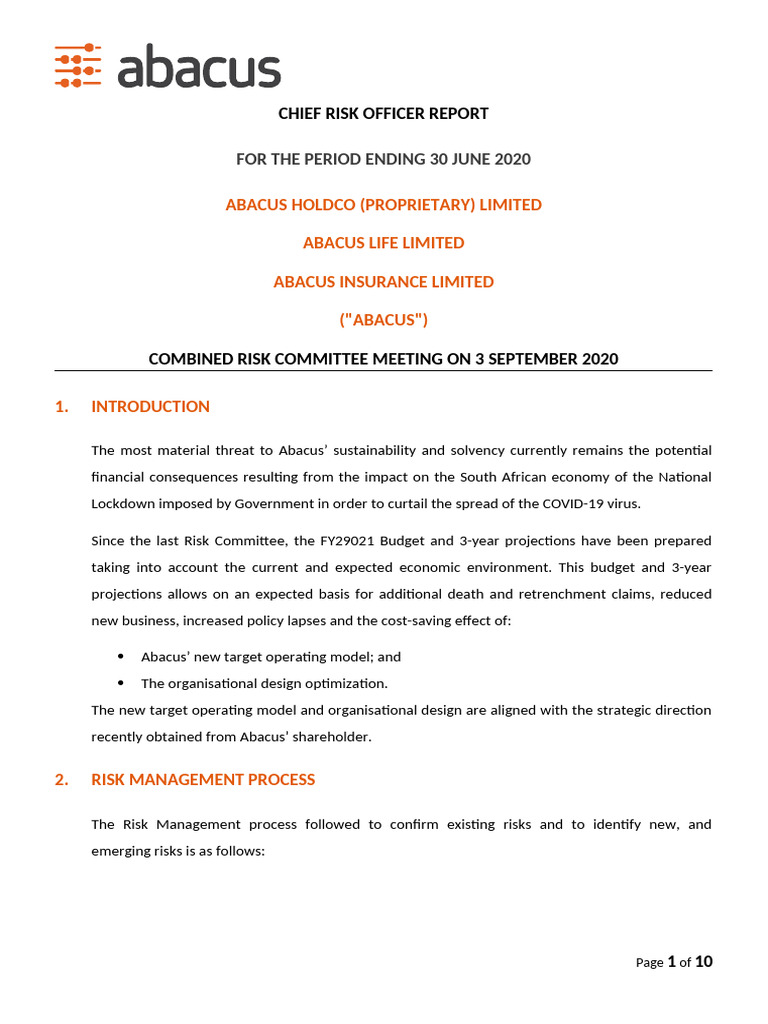 Chief Risk Officers Report September 2020 | PDF | Risk | Regulatory ...