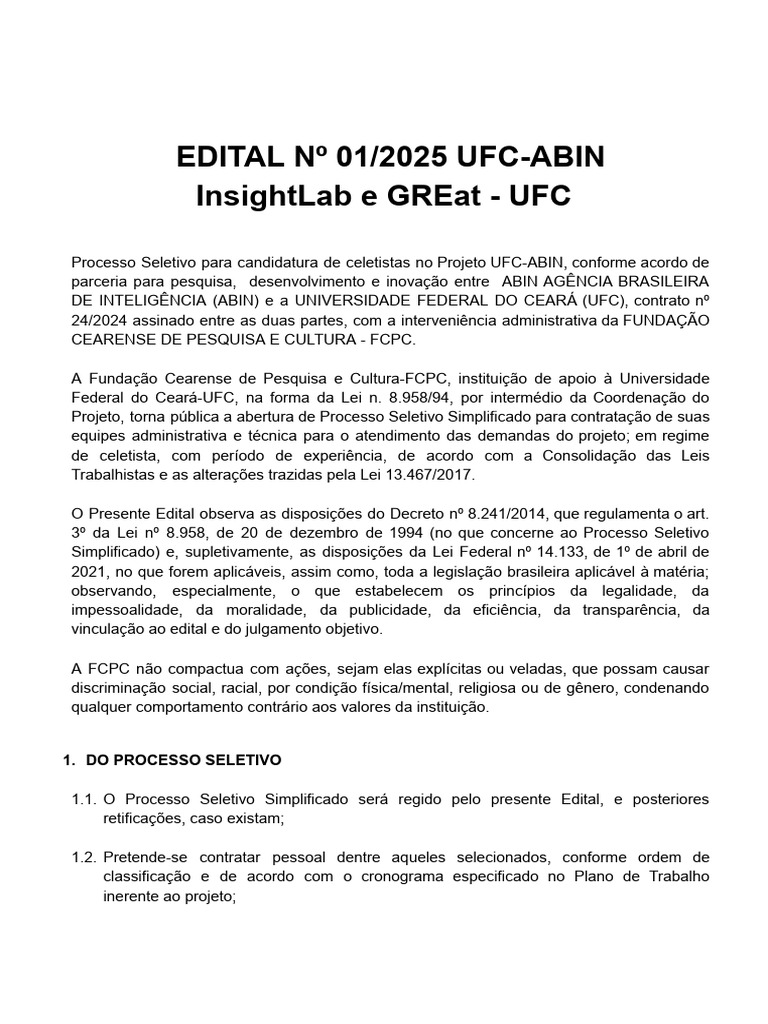 Edital 01 2025 Ufc Abin Clt | PDF | Android (sistema operacional ...