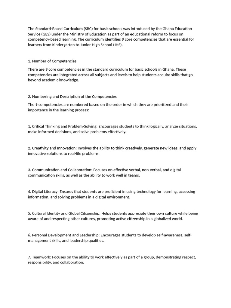 Core Competencies in Ghana's SBC | PDF | Critical Thinking | Learning