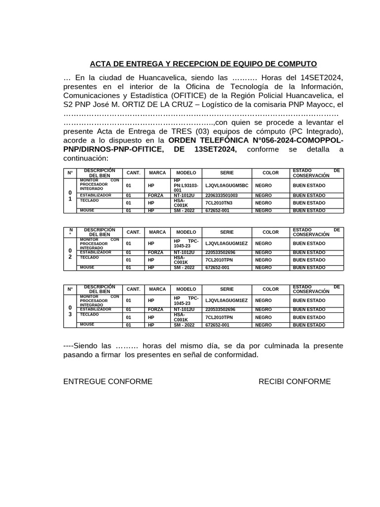 Acta de Entrega de Equipos de Cómputo | PDF | Ingeniería Informática ...
