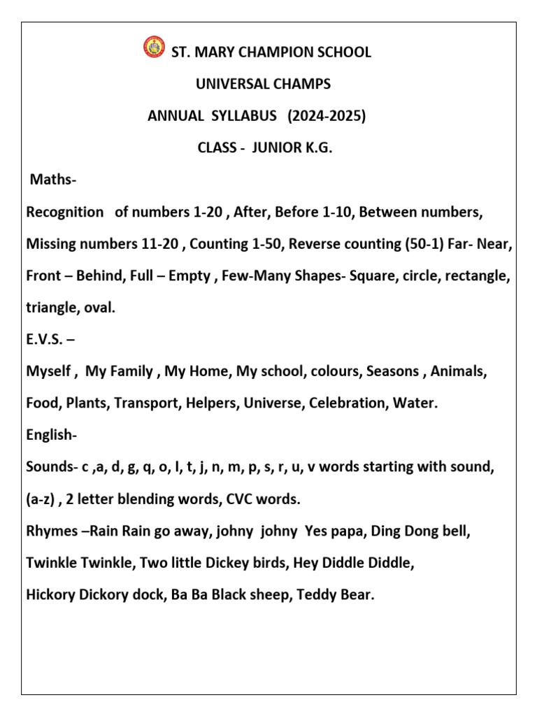 Junior K.G. Syllabus 2024-2025 | PDF