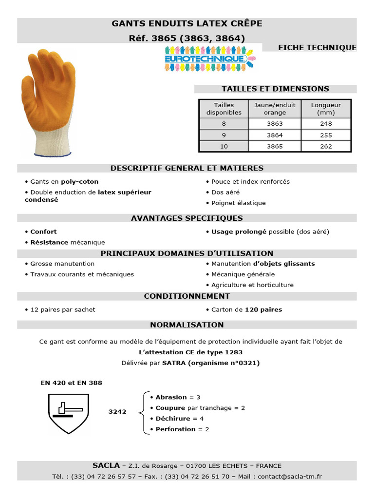 Gant de travail EUROTECHNIQUE enduit latex crêpé gris jaune T10 COVERGUARD 3800