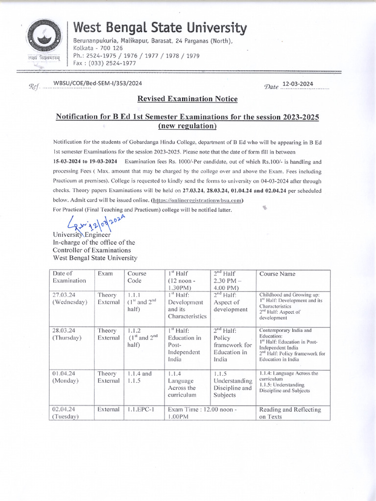 B.ed 1st Semester Revised Examination Notice Session 2023 25 | PDF