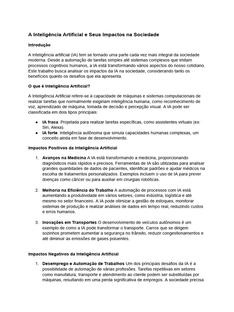 Impactos da Inteligência Artificial na Sociedade | PDF | Inteligência ...