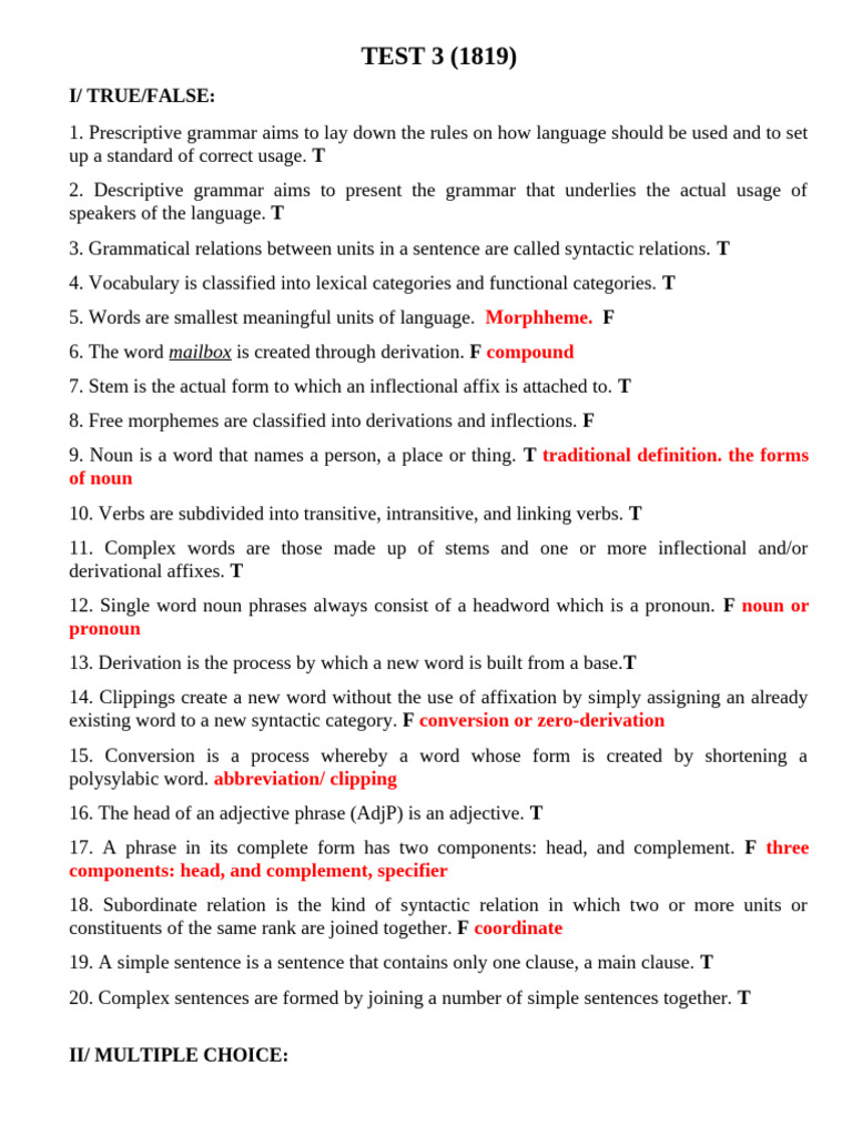 syntax TEST 3 WITH ANSWER | PDF | Word | Phrase