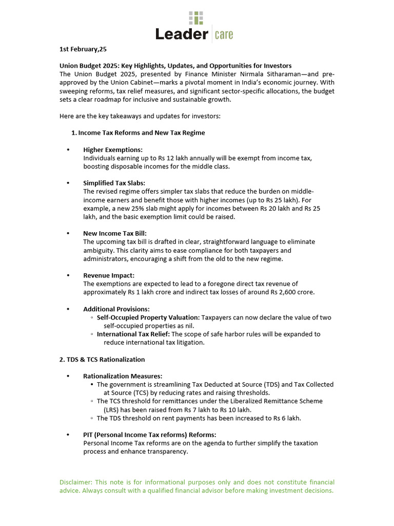 Union Budget 2025: Investor Insights | PDF | Taxes | Economies