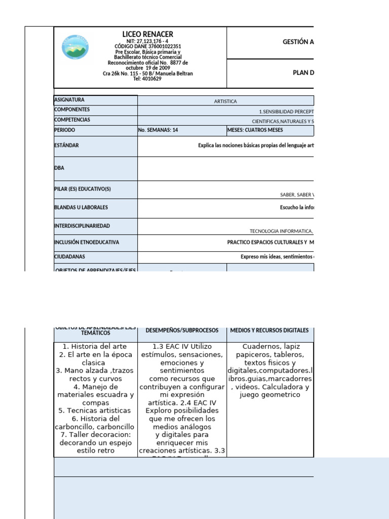 Plan de Aula para Asignatura Artística | PDF