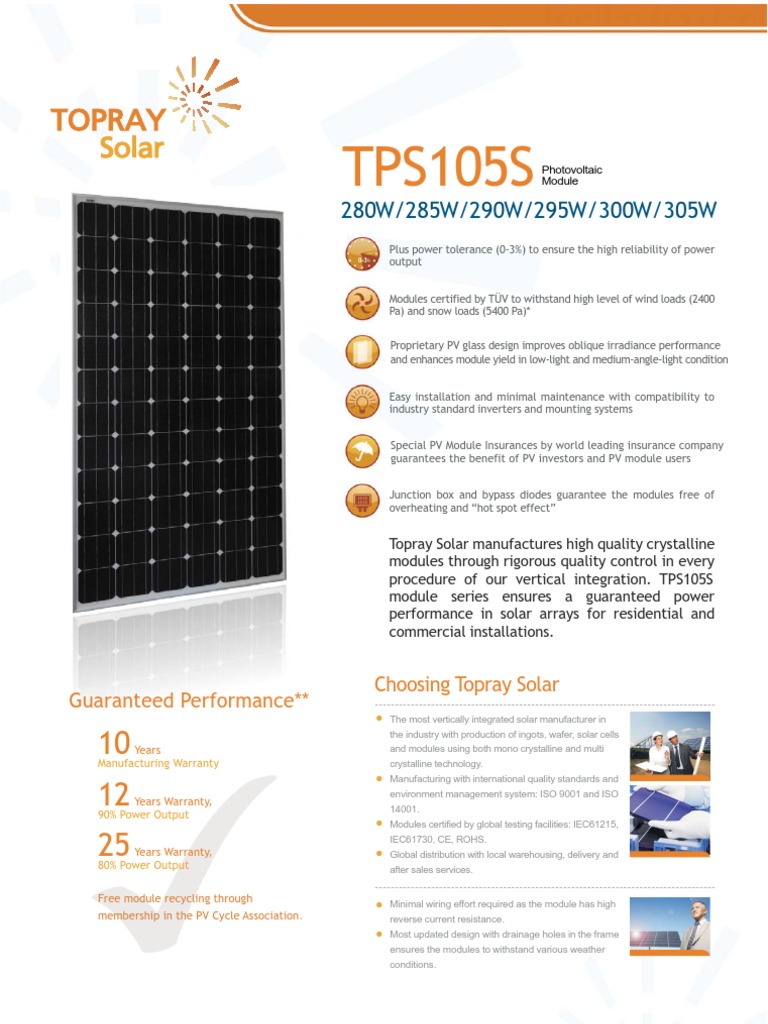 Topray TPS105S 280W305W Product Catalogue en PDF Photovoltaics Solar Panel