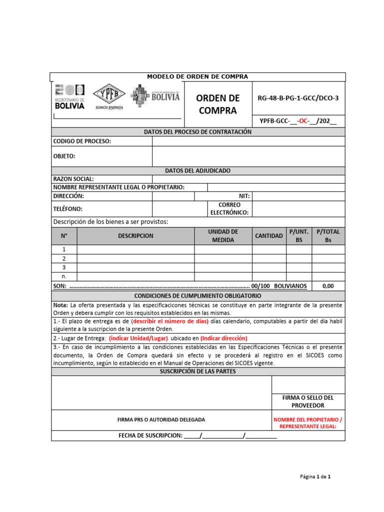 Modelo de Orden de Compra Boliviana | PDF