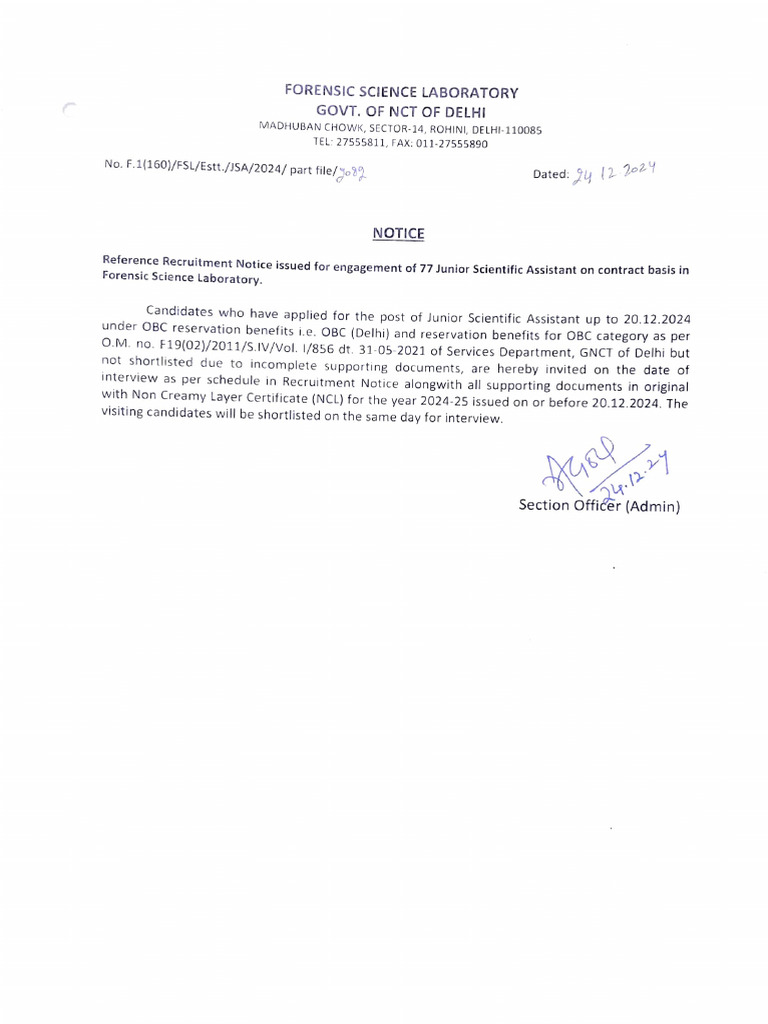 Junior Scientific Assistant Interview Notice | PDF