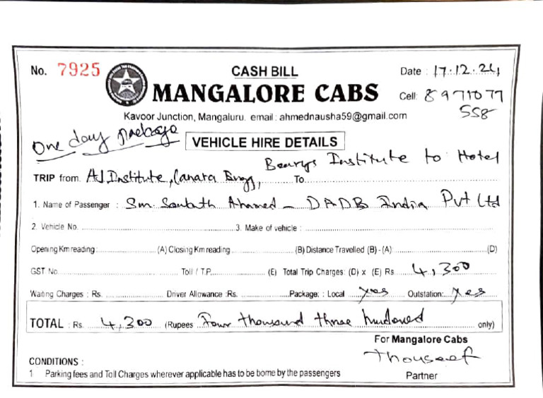 Mangalore Cabs Taxi Bill Receipt | PDF
