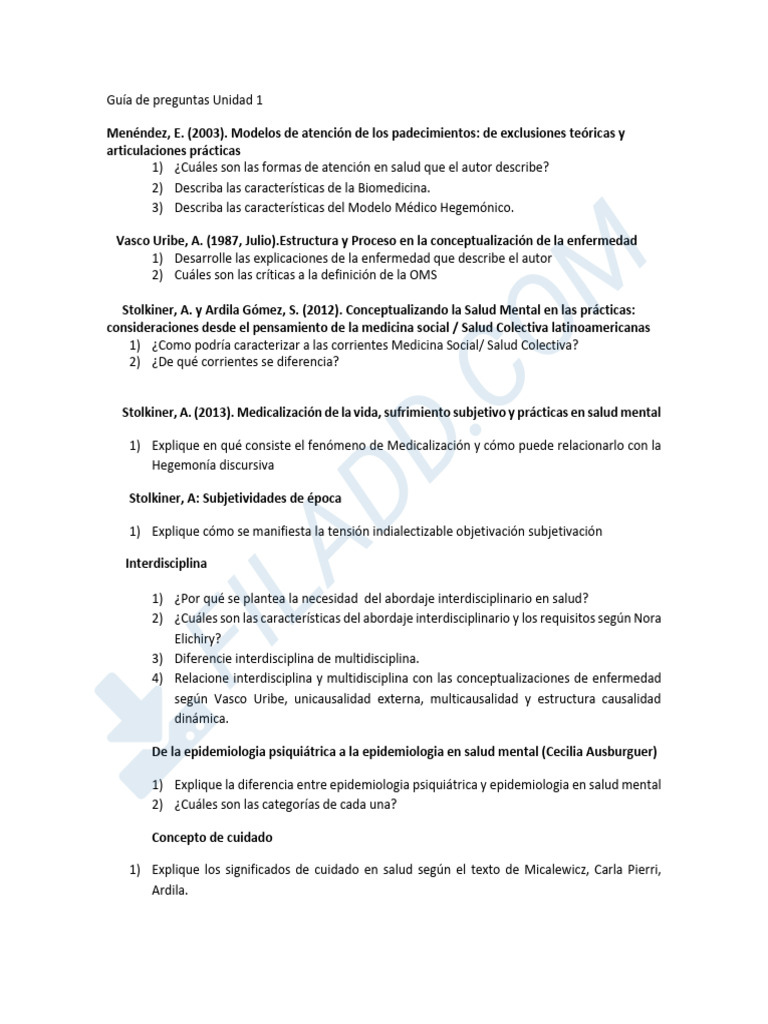 GuA - A de Preguntas Unidad 1 1 | PDF | Salud mental | Cuidado de la salud