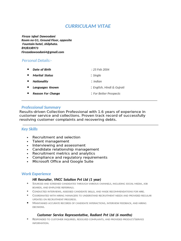 Firoza Dawoodani's Professional CV | PDF | Recruitment | Business
