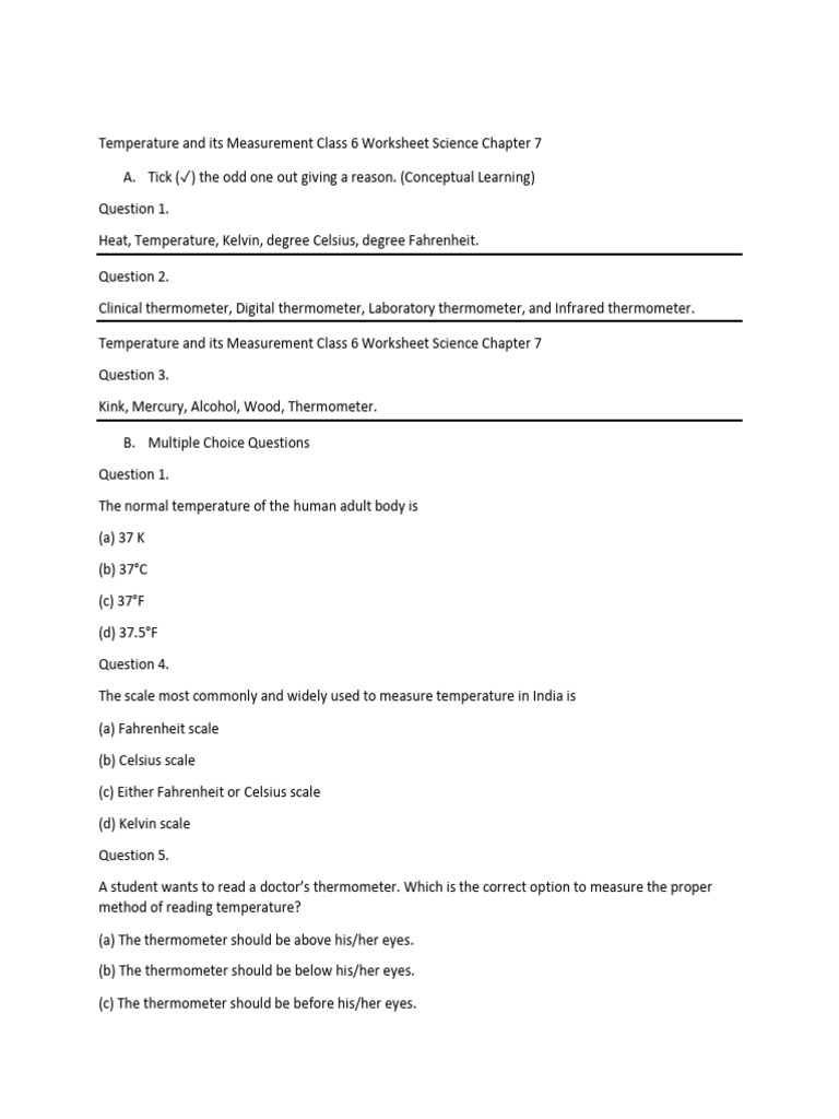 Class 6 Temperature Measurement Worksheet | PDF | Thermometer | Temperature