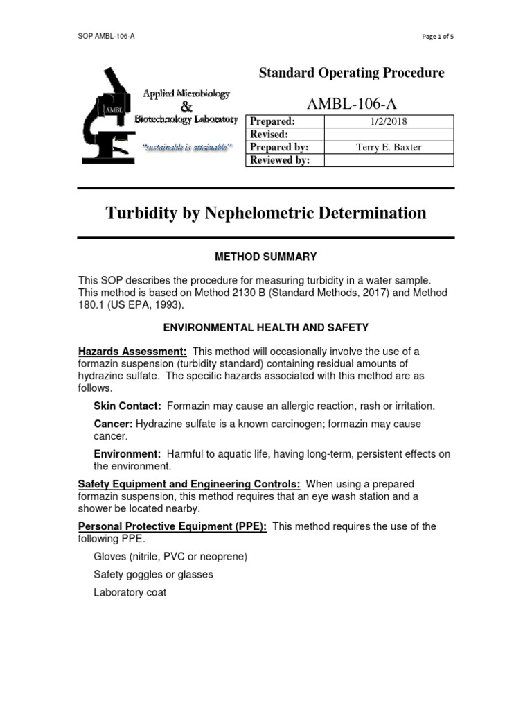 Nephelometric Turbidity Measurement SOP | PDF