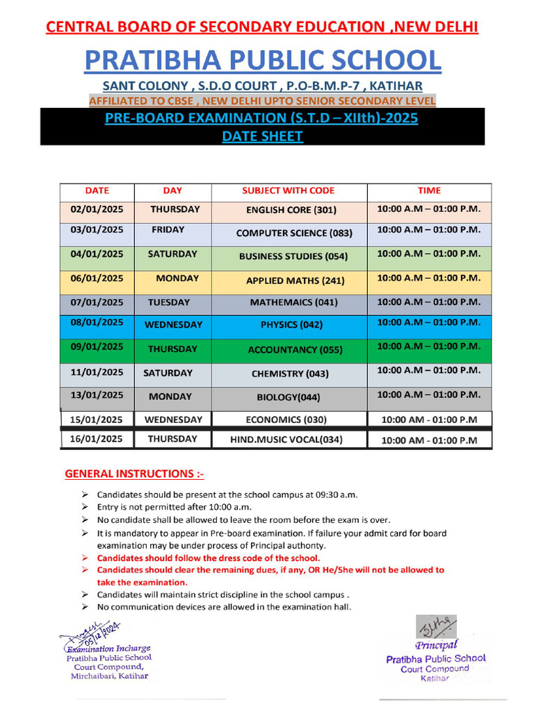 Class 12th Pre-Board Examination Datesheet 2024-25 | PDF