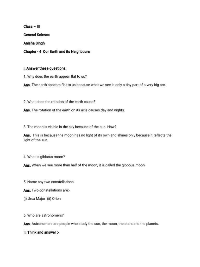 Earth and Neighbours: Class 4 Worksheet | PDF