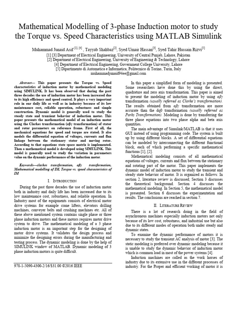 Mathematical modelling of 3 phase induction motor to study the torque