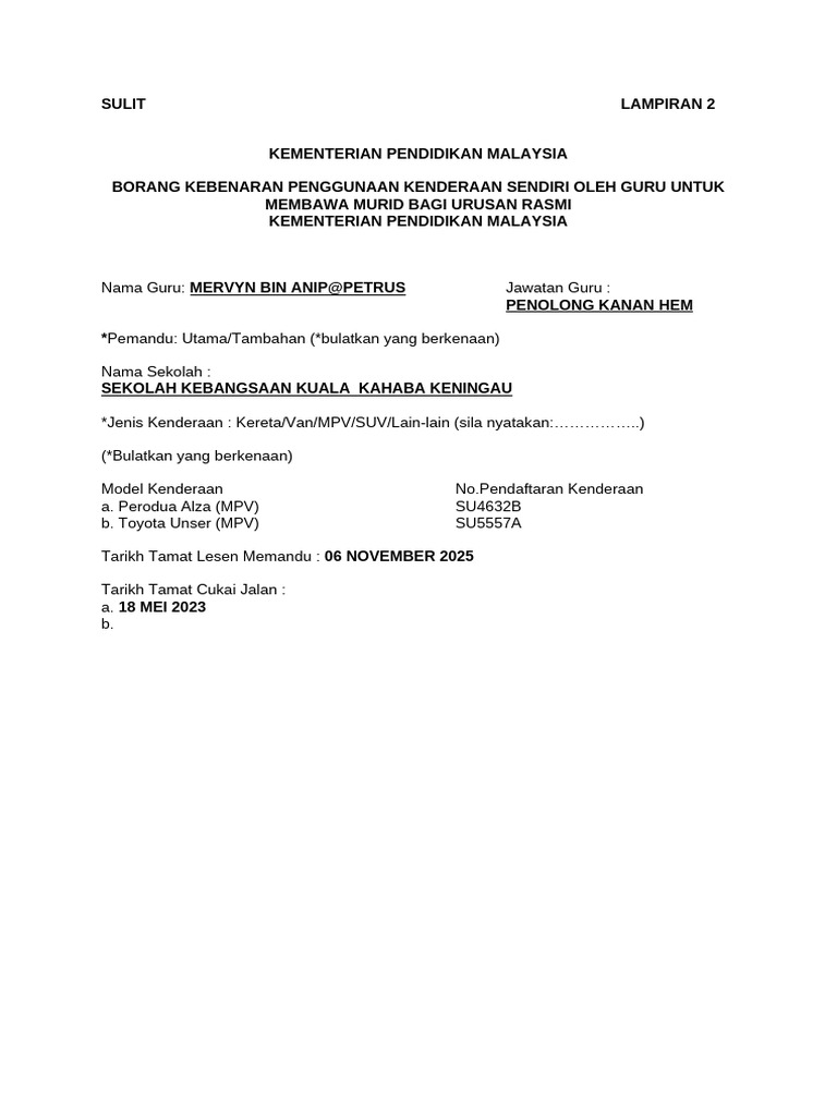 Borang Kebenaran Menggunakan Kenderaan Sendiri | PDF