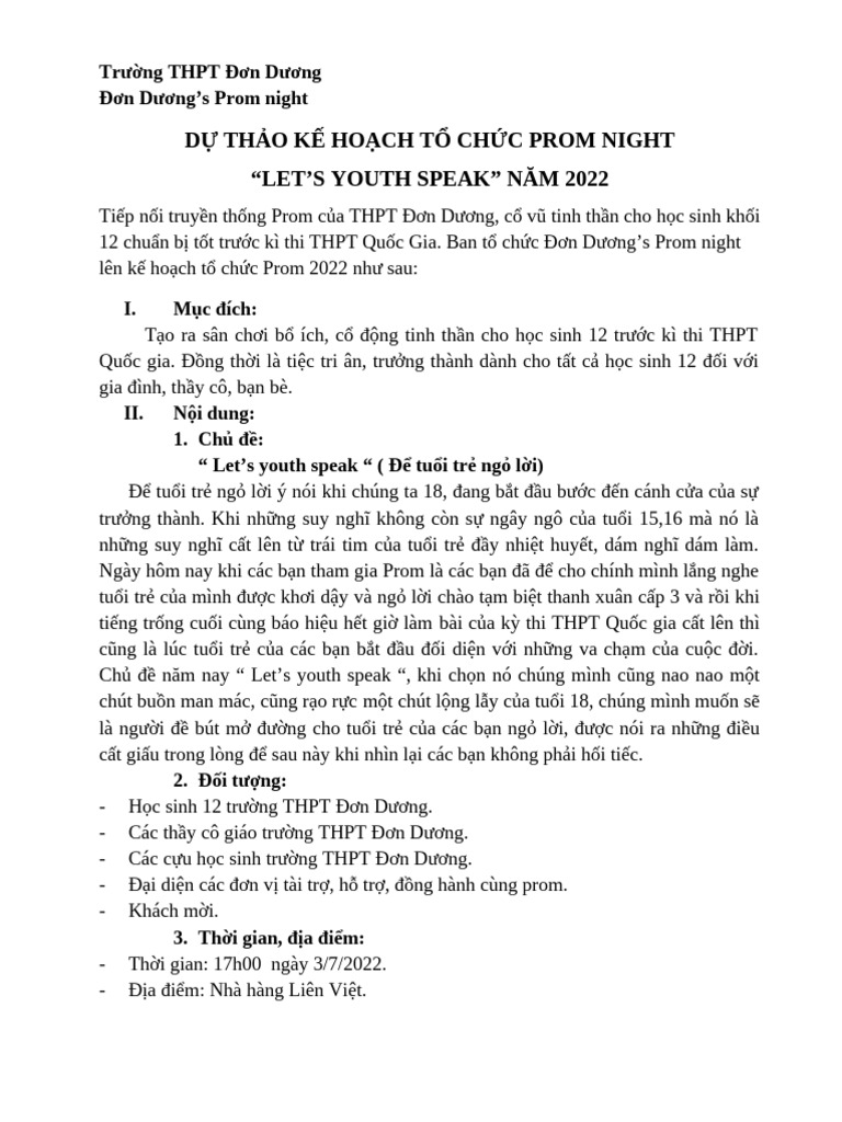 Dự thảo kế hoạch tổ chức prom night | PDF