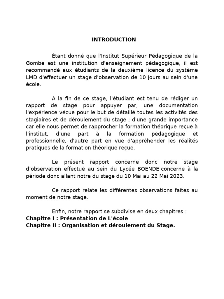 Rapport de stage à l'Institut Wangata | PDF | Pédagogie | Gestion des ...