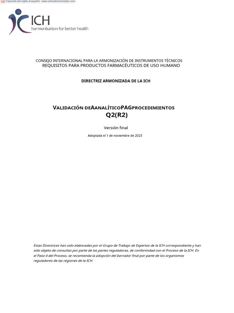 Guía ICH Q2(R2) Validación Analítica | PDF | Análisis de regresión ...