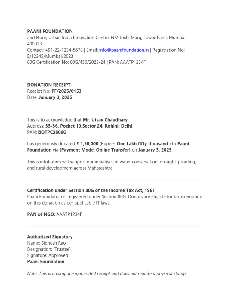 Donation Receipt for Paani Foundation | PDF