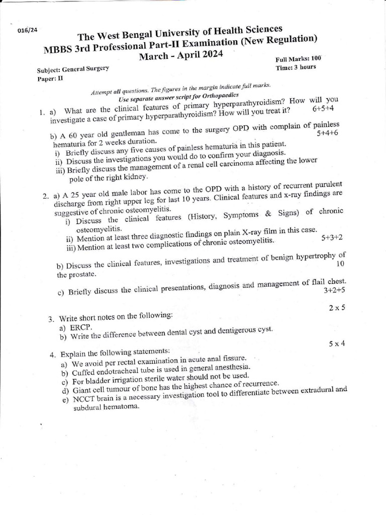 West Bengal MBBS Surgery Exam Paper 2024 | PDF | Aorta | Medical ...
